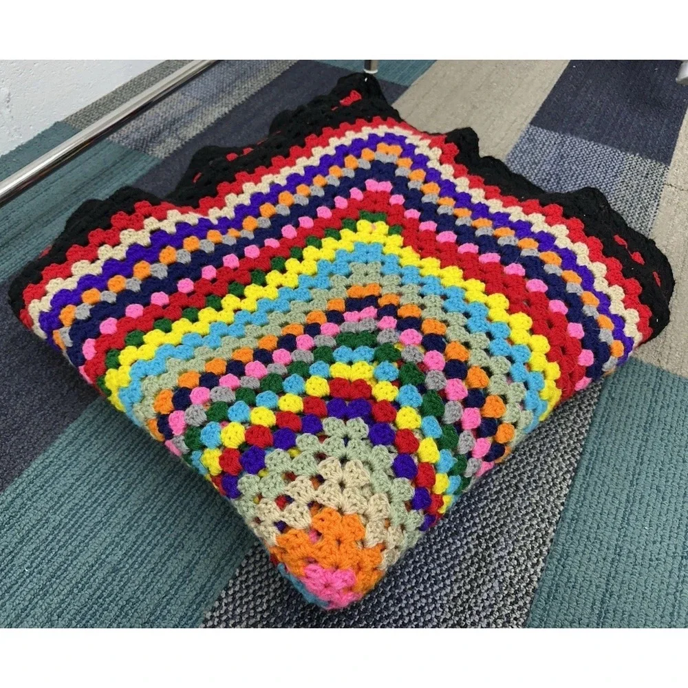 Handmade Crochet Granny Square Afghan Blanket Multicolor Retro Boho Throw 84x84